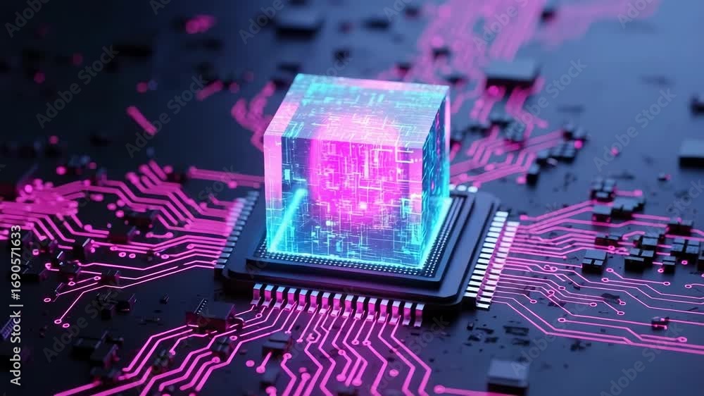 Aufkleber a glowing translucent cube with intricate circuitry patterns, illuminated by vibrant pink and blue l