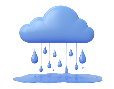 Light blue, 3D stylized cloud with rain drops and puddle