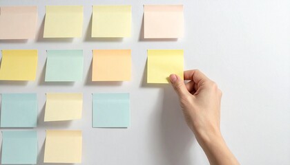 Close-up of a hand adding a pastel yellow sticky note to a whiteboard covered in colorful notes; flat lay composition with a calm