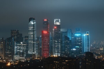 Fototapeta premium City skyline at night, illuminated skyscrapers