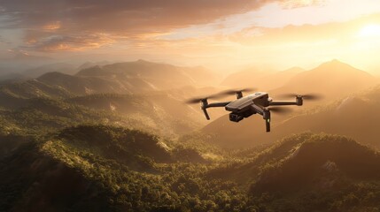 Fototapeta premium Drone soars above the lush green mountains at sunset, capturing the beauty of nature from a unique aerial perspective, golden light