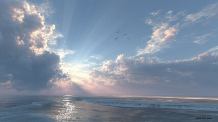 積雲の合間から海へ降り注ぐ天光の広がり情景