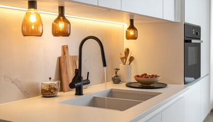 Close-up of a modern kitchen sink with a black gooseneck faucet, warm lighting, and a bowl of strawberries; minimalist design