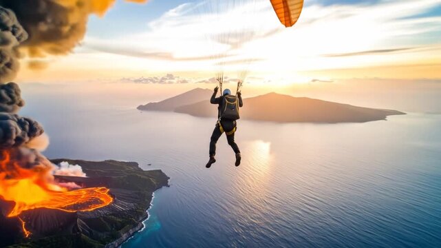 Spectacular Paragliding Over Volcano Island in Open Ocean Scenery at Dramatic Sunset, Adrenaline