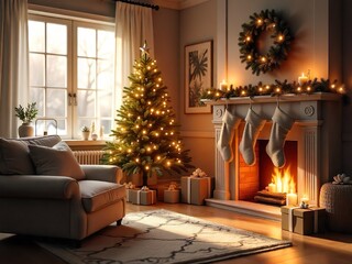Stylish Room Decorated for Christmas with Fireplace