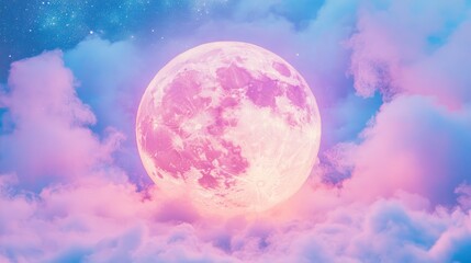 Pink moon in pastel clouds