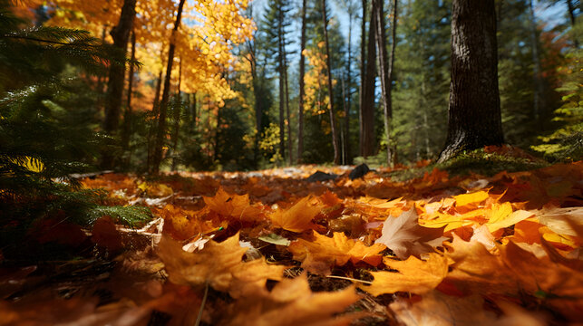 Fallen autumn leaves covering forest floor on sunny day