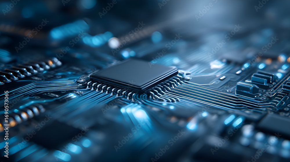 Poster cpu processing data on futuristic circuit board with blue lights