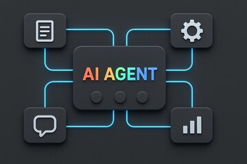 AI agent workflow automation shown on a visual node-based editor. Concept of no-code/low-code development platforms, process management, and artificial intelligence solutions.