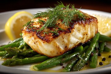 A perfectly seared cod fillet rests atop a bed of vibrant green asparagus, garnished with fresh dill and a bright lemon wedge