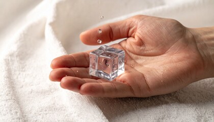 Fototapeta premium Close-up of a hand holding a melting ice cube, water droplets falling; clean, minimalist style with a cool, refreshing mood