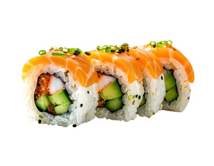Close-up of a salmon sushi roll with various ingredients