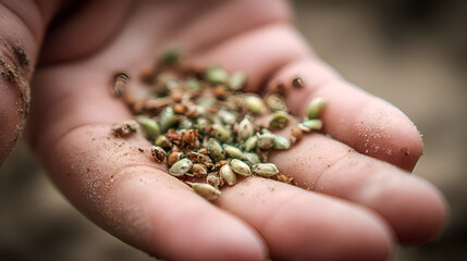 Farmer holding seeds in hand, ready for planting season