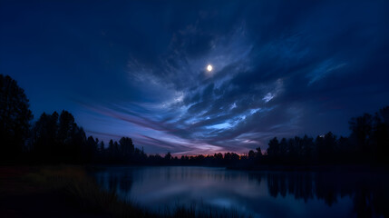 Fototapeta premium Moon shining over lake and forest at night