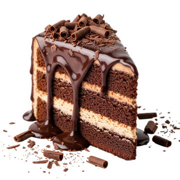 Delicious chocolate cake slice with drizzling chocolate isolated on transparent background