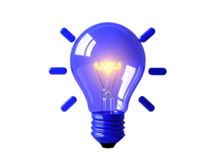 A vibrant, glossy blue lightbulb, glowing with a bright yellow-orange filament, is centered against a black background