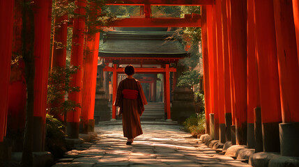 Fototapeta premium Woman in kimono walking through fushimi inari shrine, kyoto, japan