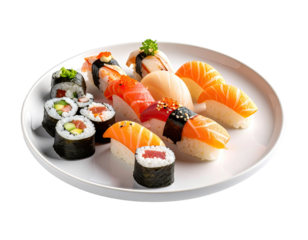 Assorted sushi platter on white plate