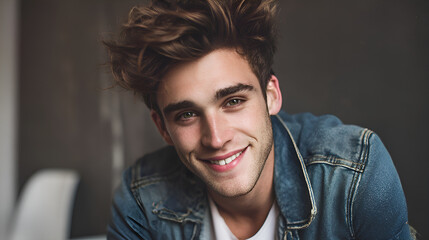 Handsome young man smiling and wearing denim jacket