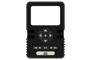 Black portable media player with a screen and control buttons