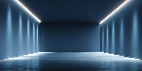 Fototapeta premium A modern minimalist empty room with blue strip lighting on walls and ceiling, featuring a reflective floor.