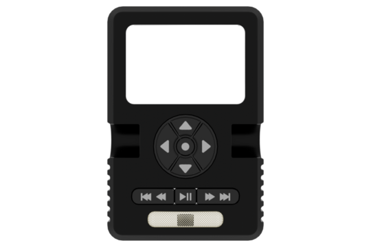 Black portable media player with a screen and control buttons