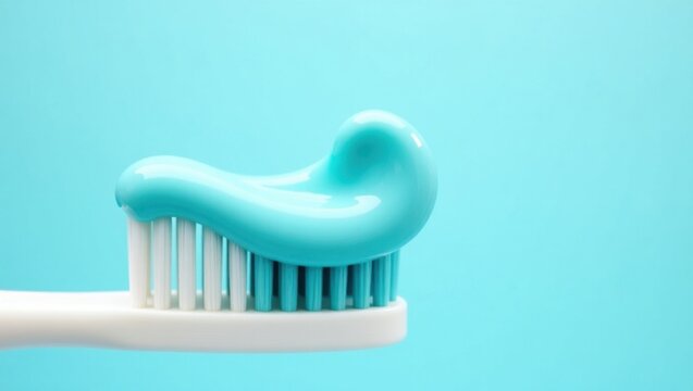 Pasta de dientes de color azul menta que se aplica sobre las cerdas de un cepillo de dientes, lo que simboliza la frescura y la higiene bucal