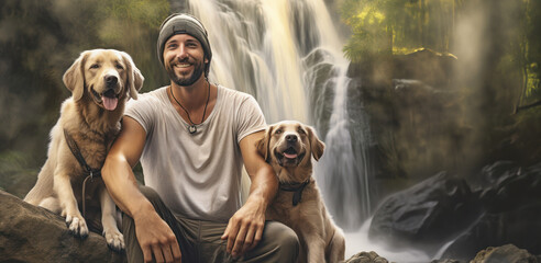 Canine Companions - Laughter fills the air as a man revels in the companionship of his two joyful dogs, celebrating the spirit of unity.
