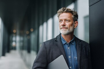 Contemplative mature man holding laptop stands near a modern building, looking ahead with a focused gaze, concept for professional profile, tech industry leadership and office environment