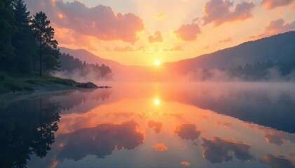 Obraz premium Serene Sunrise over Tranquil Lake Golden Hour Mist Creates Peaceful Spiritual Atmosphere, Perfect for Meditation, Yoga, and Mindfulness