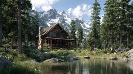 Rustic log cabin nestled in a serene forest with majestic snowcapped mountains in the background
