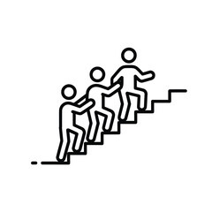 Black outline icon of people climbing stairs helping each other on white background