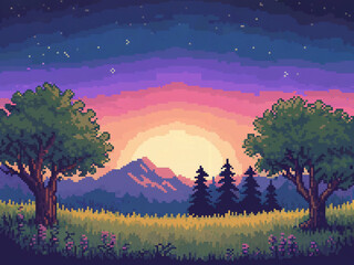 Pixelated sunset scene with trees mountains and a vibrant sky depicting a calm landscape