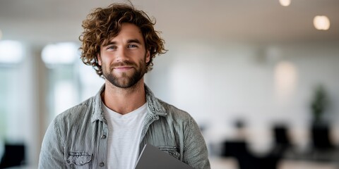 Handsome man with curly hair smiles holding a file in a bright office setting, concept for business leadership, corporate communications and employee portrait