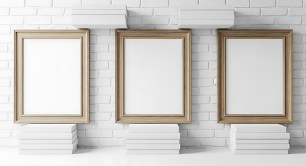 Three Empty Picture Frames on a White Brick Wall.
