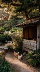 Tranquil Chickens Wandering in Rustic Garden by Wooden Coop at Sunrise