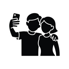 Black silhouette of a couple taking a selfie with a smartphone on white background