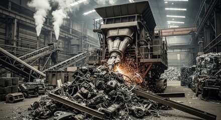 Heavy Machinery Crushing Metal at a Recycling Plant