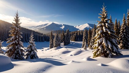 Fototapeta premium Snowy forest with snowdrifts and snow-covered branches