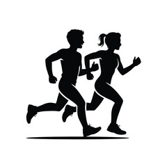 Obraz premium Black silhouette of a man and woman running side by side with thumbs up jogging fitness