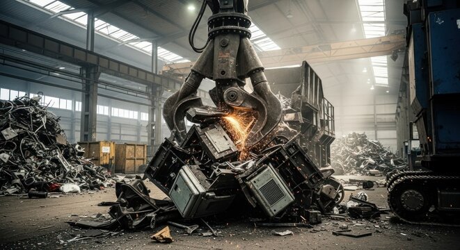 Scrap Metal Claw Crushing Car Parts in Junkyard