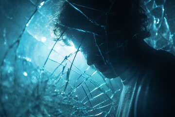 Silhouette of a person with curly hair gazing down behind shattered glass in cold, dramatic lighting, concept for mental health awareness, overcoming obstacles and emotional vulnerability