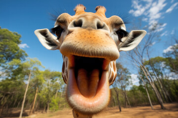 Giraffe's Playful Portrait: An up-close and personal shot of a giraffe, capturing its playful and curious nature