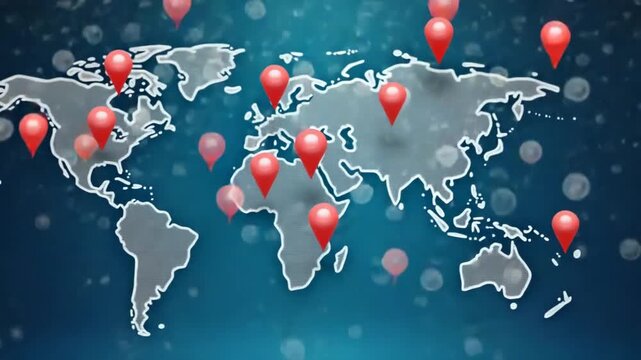 Animated digital world map with location pins dropping on different continents. Vertical format for mobile, UI, infographics, social media, global delivery, travel or GPS concept.
