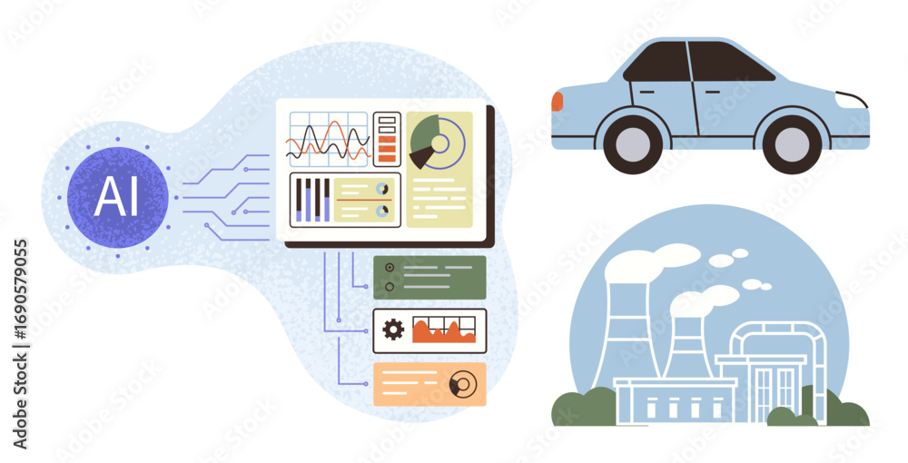 Aufkleber ai with data analytics dashboard, car symbolizing transportation, and factory with emissions. ideal 