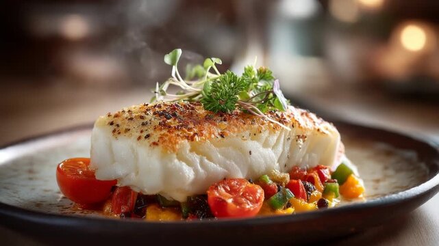Gourmet baked cod fillet served on colorful vegetable medley plate