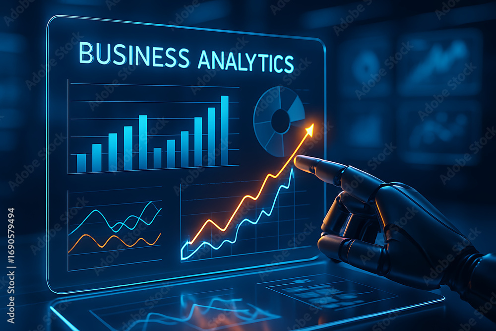 Poster a robotic hand points to a business analytics display with a rising graph, symbolizing data-driven d
