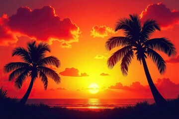 Silhouette of palm trees against a vibrant, fiery sunset sky Golden hour light bathes the scene, creating a tropical paradise feel Perfect for travel, vacation, or nature themes , warm, evening