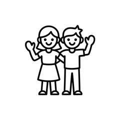 Cartoon boy and girl waving hello with arms raised on white background children kids