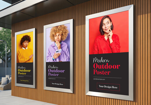 Three Vertical Poster Mockups on Wood Facade